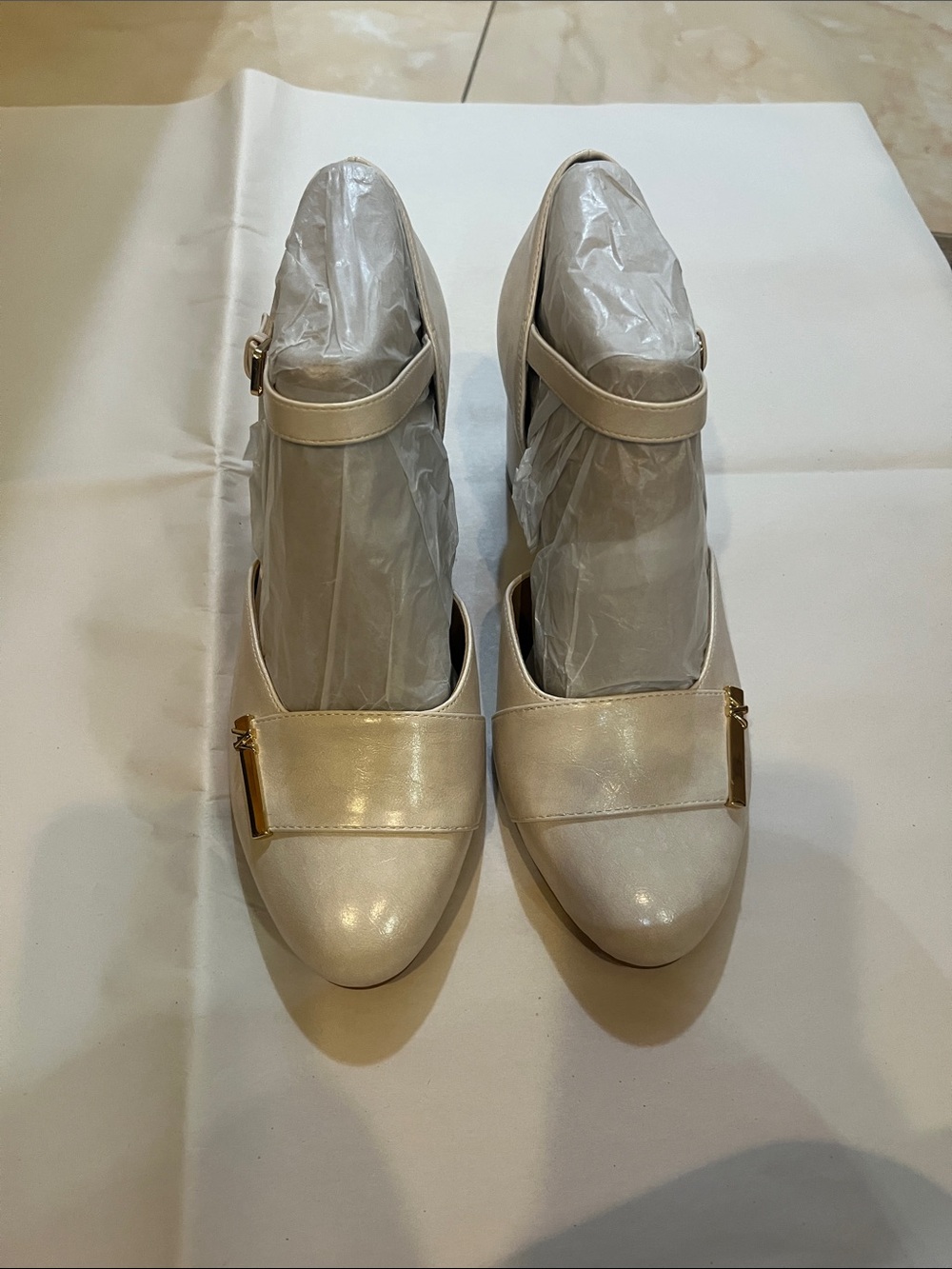 Naturalizer Cream Ankle-Strap Pumps with Gold Accent